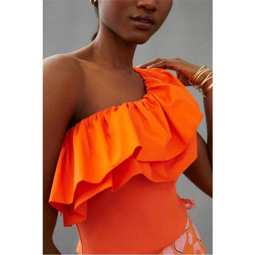 Anthropologie Sunday in Brooklyn Ruffled One-Shoulder Top in Orange - Picture 2 of 4